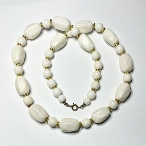 Vintage White Enamel Bead Necklace Large Unique  Beads Round And Flat Gold Beads